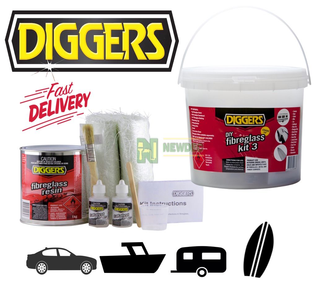 FIBREGLASS KIT 3 DIY DIGGERS FOR AUTOMOTIVE MARINE PANEL BODY REPAIR