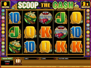 The theme of Villento Casino's latest 5 reel, 25 pay-line video slot is immediately apparent in the rich symbols and bright green and gold colors - this game is all about rewards as the player is invited to SCOOP THE CASH.
